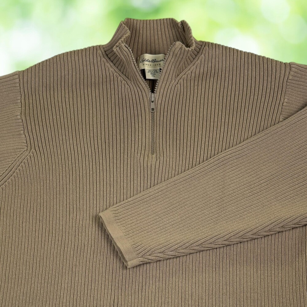 Vintage EDDIE BAUER 1/4 Zip Sweater 100% Cotton Rib Knit Made Japan Brown Mens L